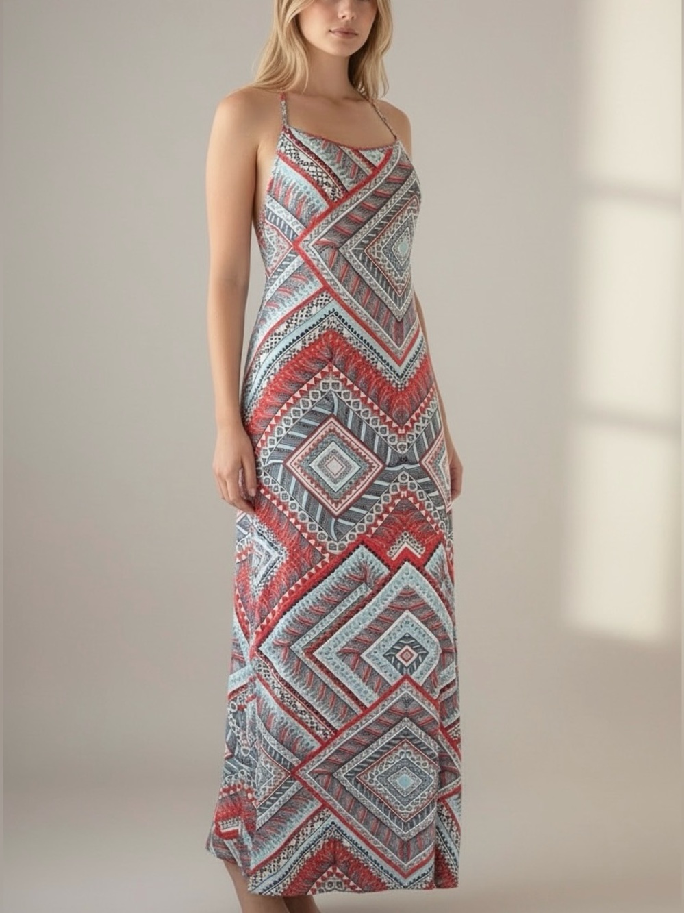 PEARLE 88 Boho Tribal Geometric Backless Maxi Dress Resort Vacation Slit Goddess